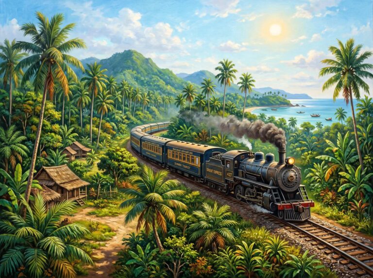 retro-summer-wallpapers-tropical-train-journey-oil-painting-ipad
